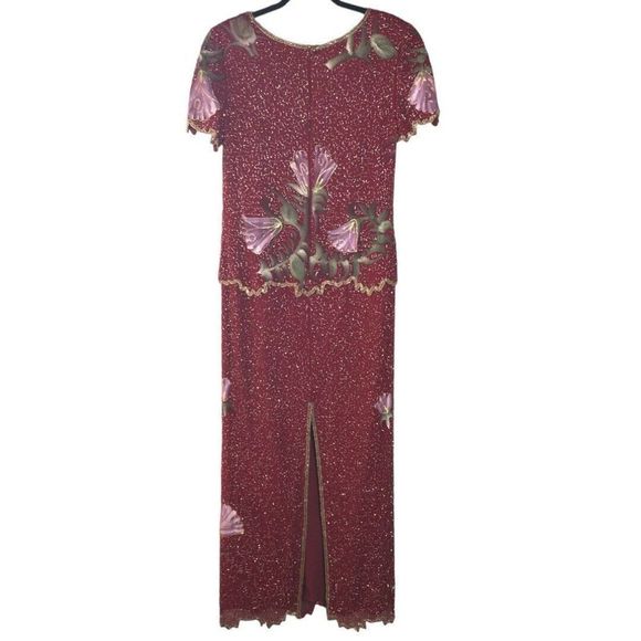 Laurence Kazar Vintage Beaded Dress Red Gold Tulips Long Evening Gown Size 8 - Picture 3 of 9